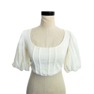 Zara White Crop Corset Milkmaid Eyelet Blouse Top S Balloon Sleeve